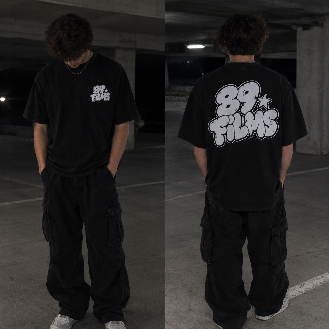 Model wearing the black oversized 89 FILMS tee, front and back, in a concrete parking garage at night